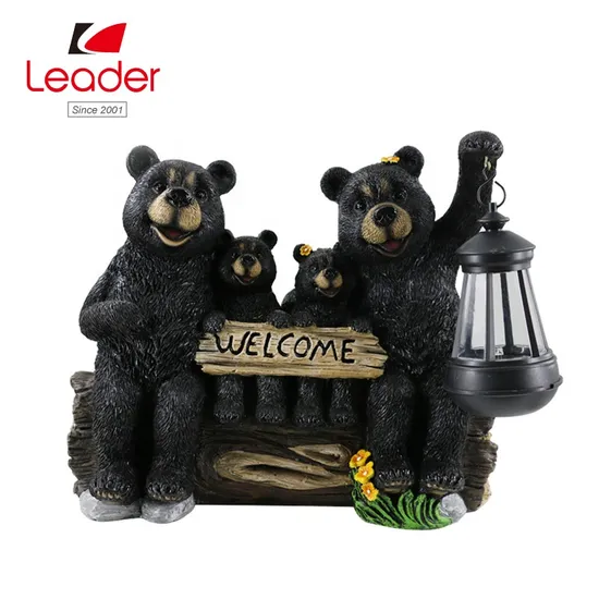 Handmade Garden Solar Black Bear Family Statues with Welcome Sign LED Garden Solar Light 