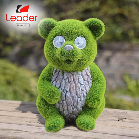 Factory Wholesale Solar Bear Statue with LED Eyes, Flocked Grass Bear Figurine with Solar Lights