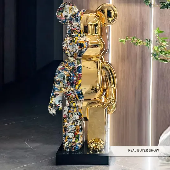 Indoor Use Modern Design Customized Size Gold Color Fiberglass Bear Brick Statue 