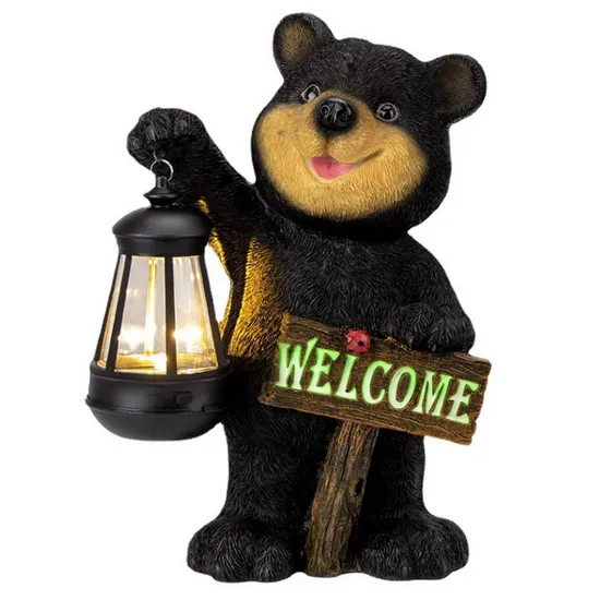 Resin Solar LED Lights Bear Statue Outdoor Garden Welcome Decoration Home Accessories 