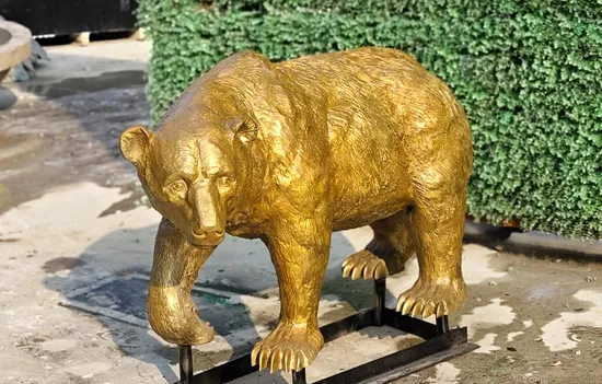 Life Size Golden Metal Wildlife Sculpture Bronze Walking Bear Statue for Sale 
